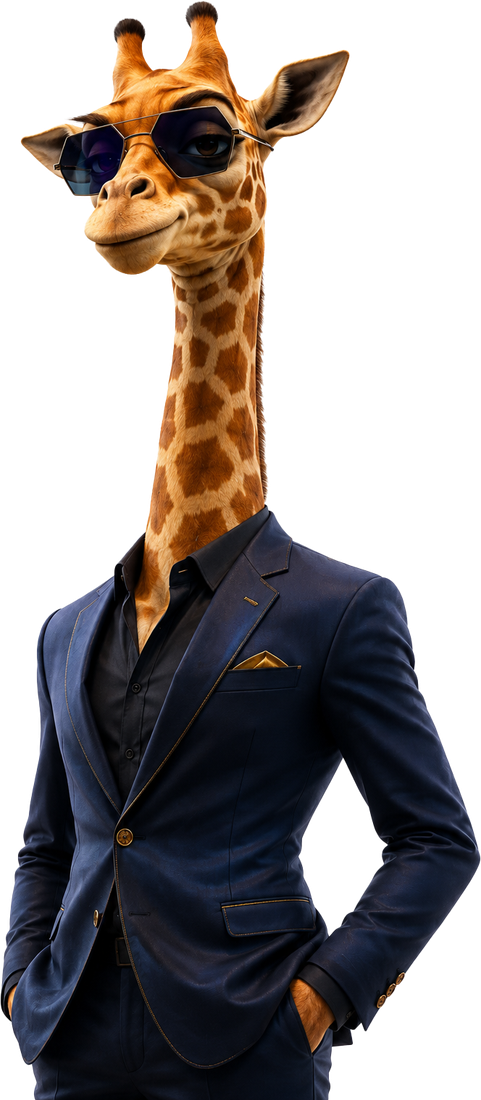 Golden Giraffe brand mascot in a navy suit